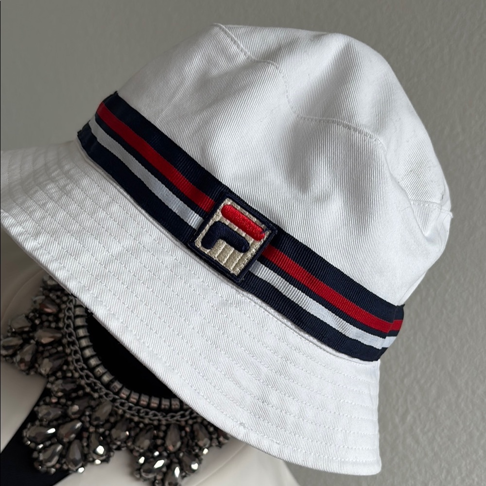 Fila White Bucket Hat with Red and Blue Stripes